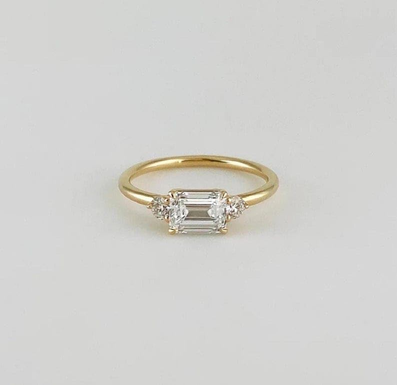 Minimalist 1 CT East-West Emerald Cut Moissanite Ring-14k Solid Yellow Gold-Wedding Ring-Brilliant Cut Sides-1.6 MM Solitaire Band-In Trends - GJH1322