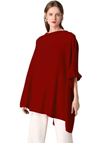 RanRui Cashmere Poncho Women's Cashmere Ponchos and Wraps Knit Over Sized Cashmere Shawls Luxury Light Weight Warm Soft Cashmere Fleece Poncho Sweater Ruana Wool Capes 9018 (A-Wine,XXL)