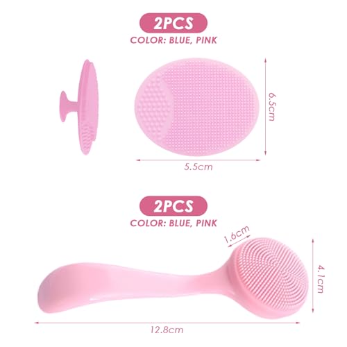4 Stück Manuelle Weiche Gesichtsreinigungsbürste, Griff-Gesichtsreinigungsbürste, Gesichtspeelingbürste, Silikon-Gesichtsschrubber, Gesichts-Silikonschrubber (Blau, Rosa)