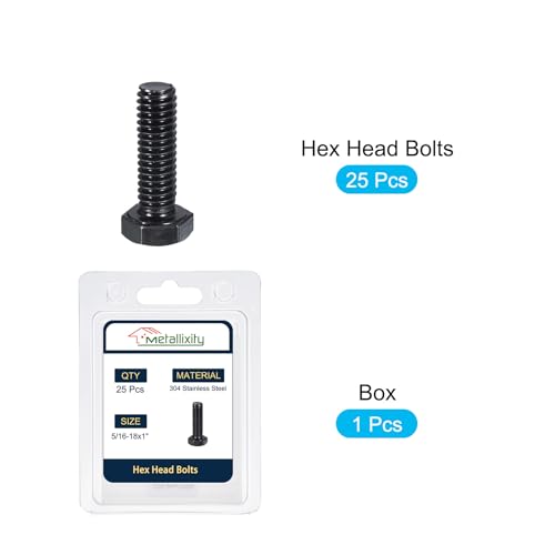 Image of METALLIXITY Hex Head Bolts (5 /16-18 x 1 inch) 25Pcs, 304 Stainless Steel 18-8, Fully Threaded, External Hex Drive, Hex Head Screw Bolt, Black Oxide