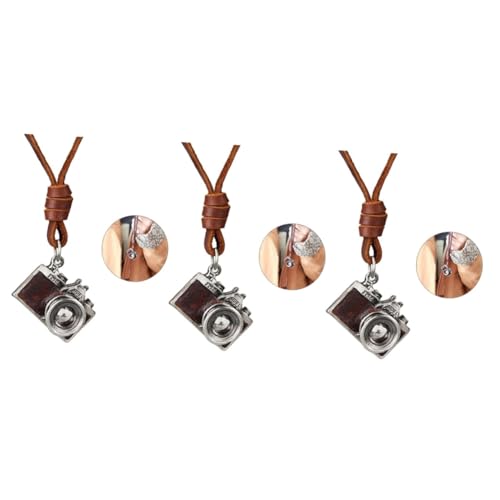 Collier vintage cuir de caméra réglable pendentif rétro marron café unisexe lot de 3