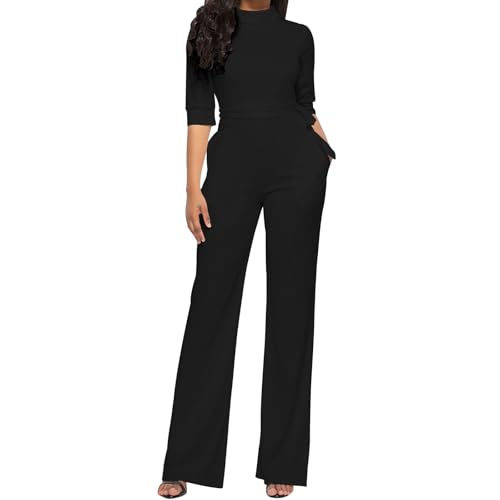 Image of Flodxo Wedding Jumpsuits for Women UK Elegant Casual Wide Leg Playsuits Half Sleeve High Waist Overalls Loose Fit Solid Romper with Pockets Work Office Business Going Out Outfits Black M