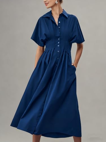 Image of Yeokou Shirt Dress for Women Summer Casual Short Sleeve Button Down Loose Pleated Maxi Sundress with Pockets