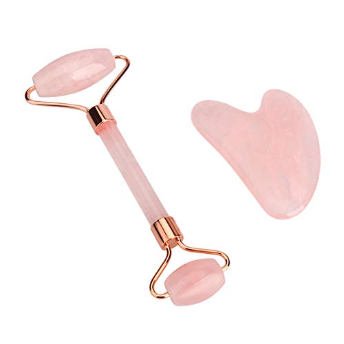 100% Natural Jade Roller For Face Skin Care&Authentic Rose Quartz Gua Sha Facial Massager,Beauty Tools For Anti Aging,Eye Puffiness Treatment,Remove Wrinkle,Facial Slimming & Firming,Relieve Fine Line