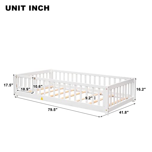 Twin Size Floor Platform Bed With Fence, Wooden Playpen Bed For Kids, Kids Fence Bed With Door, No Box Spring Needed (White) #TOP1