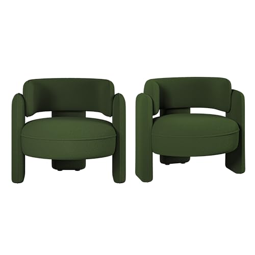 Image of BELLEZE Sherpa Boucle Chair Set of 2, Modern Barrel Accent Chair Comfy Round Upholstered Armchair Accent Side Chair for Living Room, Bedrooms, Corner - Quinton (Green)