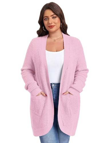 Image of LARACE Long Cardigans for Women Plus Size Tops Open Front Sweaters with Pockets Waffle Ribbed Sleeve Loose Fall Outwear