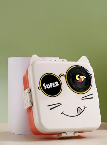 Image of Clazkit 3-Compartment Smiley Printed Design Lunch Box Plastic Leak-Proof & BPA-Free Bento Box with Platic Tray, Spoon & Container for School, Office, Travel 1120ml + 70ml, White