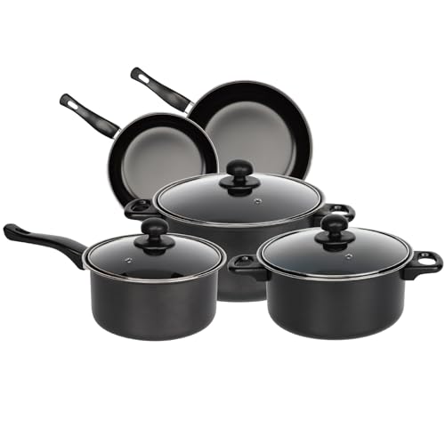 Gr8 Home Black 8 Piece Carbon Steel Non Stick Kitchen Cookware Set Casserole Cooking Pot Frying Pan Saucepan with Glass Lids