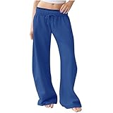 bawilom Wide Leg Pants Woman Casual Sweatpants with Pockets for Women Drawstring High Waist Loose Soft Stretch Trousers Blue