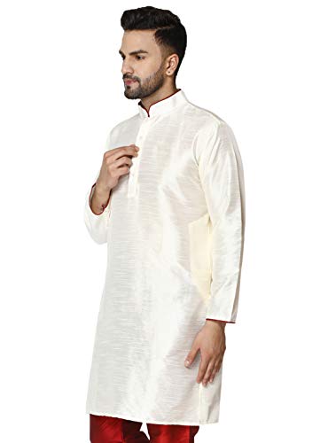 Image of Amazon Brand - Anarva Men's Art Silk Woven Design Long Kurta Mandarin Collar Straight Shirt