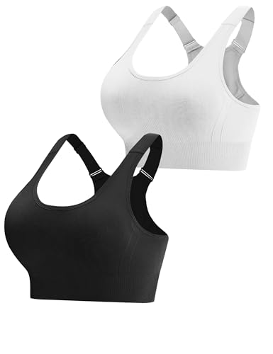 Aseniza Sports Bras for Women High Supportive Bras Racerback Removable Padded for Woman Gym Crop Top 2 Pack(Black+White-M)