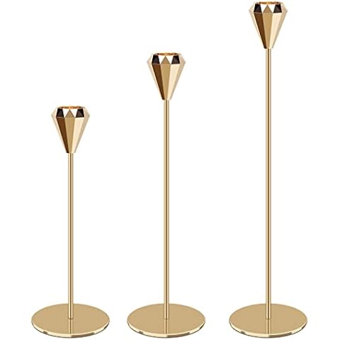 WEIMIN Kerzenständer Gold 3er Set Diamantförmiger Kopf Kerzenhalter für Wohnzimmer Schlafzimmer Vintage Deko Tisch Hochzeit Kerzenständer Metall Kerzenhalter 24/29/34 cm Cover