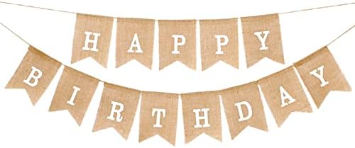Happy Birthday Bunting Banner, 6.6 Ft Hessian Happy Birthday Banners Cloth Vintage Burlap Bunting Swallowtail Flag for Happy Birthday Decorations