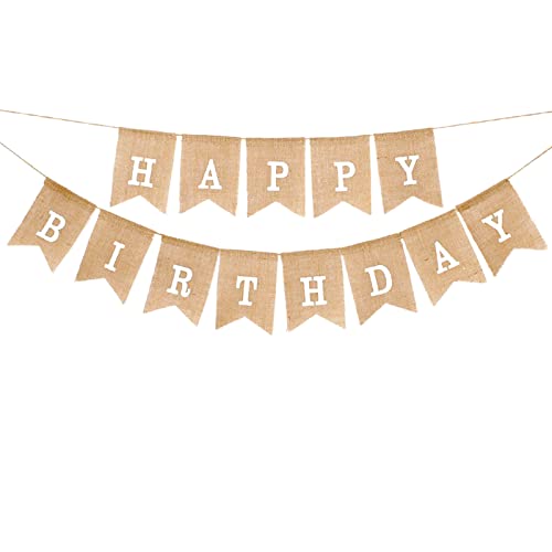 Happy Birthday Bunting Banner 6.6 Ft Hessian Cloth Vintage Burlap Swallowtail Flag for Birthday Decorations