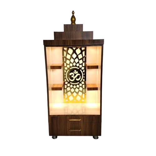 Image of White Wooden Pooja Mandir for Home & Office | Decorative Wooden Temple with Golden Om Jali, Warm LED Light (Brown)