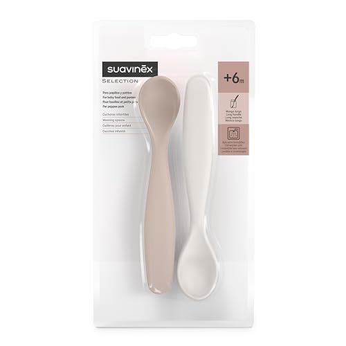 Suavinex, Pack 2 Cucharas para Bebés de Aprendizaje. Cucharas Infantiles. Aptas Encías Sensibles. Con Mango Largo. Ideal Papillas y Potitos. Aptas Lavavajillas. Ergonómicas. Bebés +6 Meses, Rosa