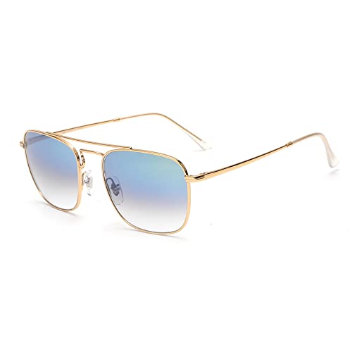 JIM HALO Quadratische Pilotensonnenbrille im Retro-Stil Premium Glass Lens Flat Metal Eyewear Herren Damen (Gold/Farbverlauf Blau)