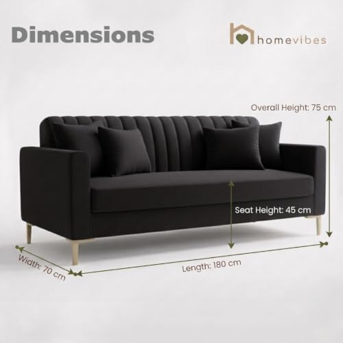 Image of Velum 3 Seater Sofa for Living Room & Office | Premium Fabric Upholstery | Solid Wood Frame | Comfortable Seating | 3 Years Warranty (Black, 3 Seater Sofa)