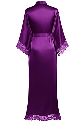 Image of BABEYOND Satin Kimono Robe Silky Long Bridesmaid Wedding Lightweight Bath Robe with Lace Trim