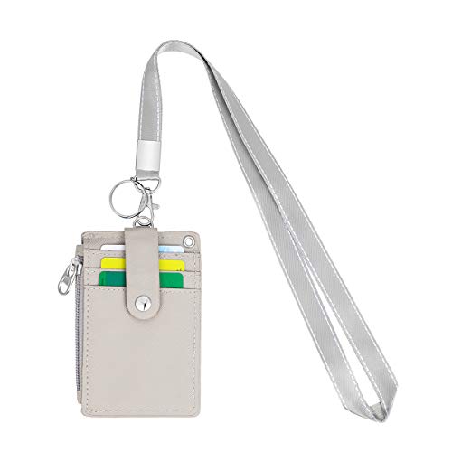 Image of 2 Pack ID Badge Holder with Lanyard,2 Sided 5 Card Slots ID Card Holder Wallet with PU Leather Zipper Pocket and Detachable Keychain Lanyard for Teens Men Women(Black & Gray)