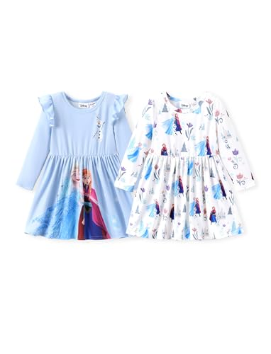 Disney Frozen Elsa Stitch Princess Minnie Mouse Toddler Girl Dresses 2 Pack Ruffle Long Sleeve Dress Set (3 Months - 6 Years)