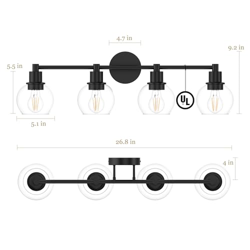 Image of 4 Lights Bathroom Vanity Light Fixtures Black, Bathroom Lights Over Mirror, Industrial and Farmhouse 4 Lights Wall Sconce, Matte Black Globe Vanity Lighting Fixtures