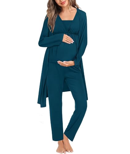 Image of SWOMOG Maternity Nursing Robe Set 3 Piece Breastfeeding Pajamas 3 in 1 Labor Delivery Sleevless Tops&Long Pants Pregnancy Pjs