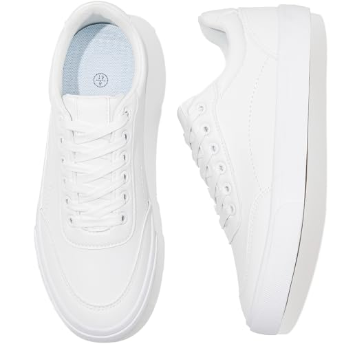 Rominz Men's White Tennis Shoes PU Leather Fashion Sneakers Low Top Casual Walking Shoes for Men(White,US11)