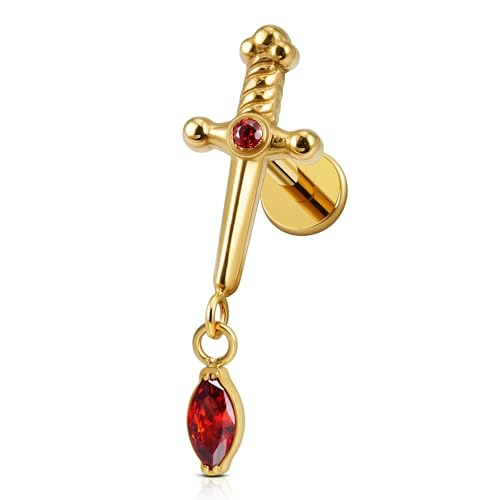 FINE4U Gold Plated Garnet Dagger Helix Piercing Jewelry Stud