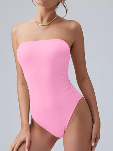 Image of OQQ Womens Tube Bodysuits Strapless Basic Sleeveless Ruched Stretch Classic-Fit Tops Sexy Bodysuits