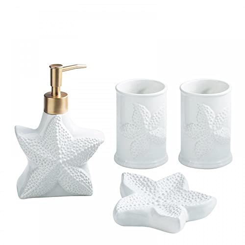 Juego de accesorios de baño de cerámica con concha de mar blanca Juego de accesorios de baño de estrella de mar Juego de 4 piezas para el hogar, baño, hotel (estrella de mar) Cover