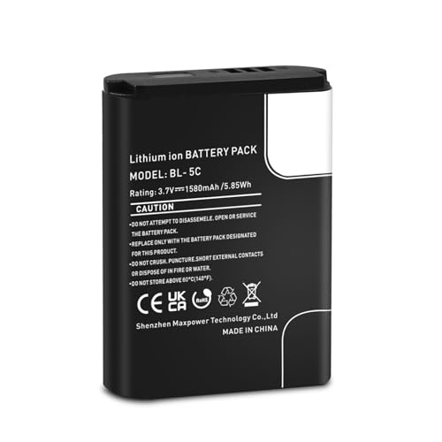 BL-5C - Batería recargable (3,7 V, 1580 mAh, BL-5C, para Nokia 1100, 1101, 1112, 1208, 1209, 3100, 3120, 3650, 6230, 6600, N70, N72)