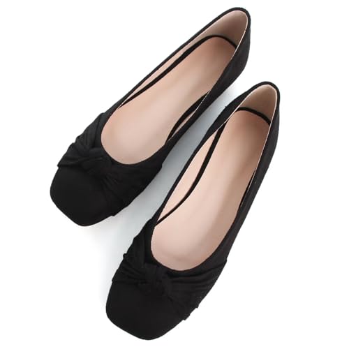 WENJIAZHIZHI Pleated Bowknot Ballet Flats Shoes for Women Suede Dressy Shoes Comfortable Square Toe Slip On Walking Loafers Flats