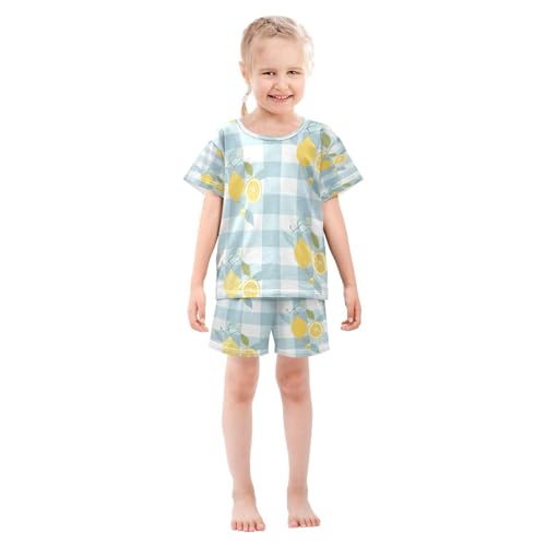 senya Short Sleeve Pajamas Sets Summer Cotton Sleepwear Lemon Blue and White Plaid3
