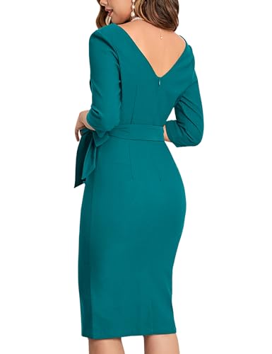 MUXXN Women's Pinup 1970s Half Sleeves Backless High Waist Business Office Midi Dress (Harbor Blue L)