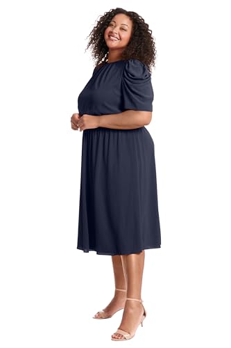 Image of London Times Women's Caterpillar Puff Sleeve Midi Dress - Gathered Waist A-Line Flowy Summer Dress