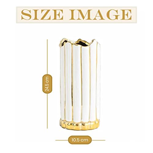 Image of Art Street Decorative Ceramic Vase Nordic White Outline in Gold Small Modern Table Bookshelf Decor Classic Flower Pot for Home, Office, Living Room, Bedroom Decoration (Size : 10.5x24.5 cm)