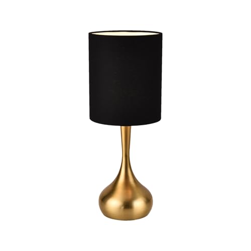 KUNJOULAM Modern Table Lamp, 17.3' Small Desk Light with Brass Metal Droplet Base, Black Cylinder Linen Drum Shade, Nightstand Lamp for Bedroom Living Room Nightstand Office
