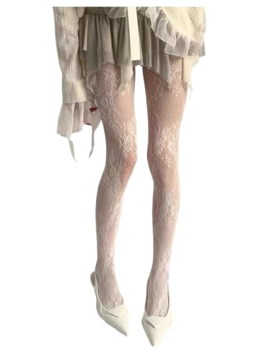RoseSeek Womens Floral Lace Fishnet Tights Kawaii Y2K See Through Stockings Leggings White Large