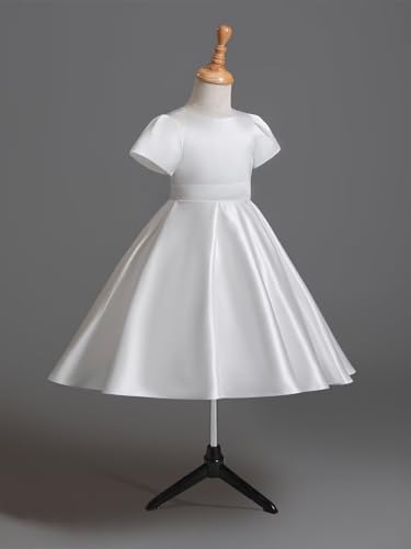 Bow Knot Flower Girl Dress for Wedding Short Sleeves Satin Crew Neck Long Princess Pageant Formal Ball Gowns3