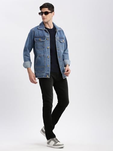 Image of SHOWOFFFF Men Solid Denim Jacket | Spread Collar Full Sleeves Denim Jacket for Mens | Slim Fit Regular Length Jacket for Men's