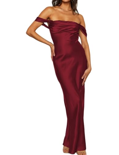 Image of Realtix Satin Off The Shoulder Strapless Bridesmaid Maxi Dress for Women | Elegant,Ruched,Backless,Long,Tube,Sleeveless,Bridesmaid,Wedding Guest,Evening,Cocktail Party,Semi Formal,Garden Party