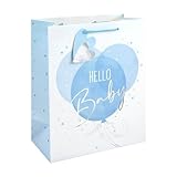 Eurowrap Hello Baby Large Gift Bag – Blue Balloon Baby Boy Present Bag with Foil Finish, White Kraft Paper & Paper Woven Handles – New Baby Shower & Christening Gift Packaging