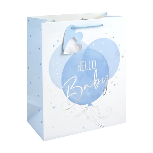 Image of Eurowrap Hello Baby Large Gift Bag – Blue Balloon Baby Boy Present Bag with Foil Finish, White Kraft Paper & Paper Woven Handles – New Baby Shower & Christening Gift Packaging