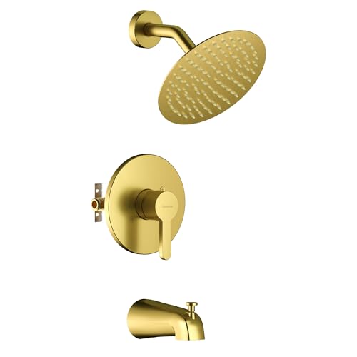 Juego de grifería para bañera y ducha en dorado cepillado (válvula equilibradora de alta presión) con cabezal de ducha de 8 pulgadas y salida para bañera, kit de acabado de una sola manija miniatura 1