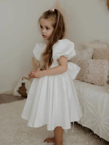 Satin Flower Girl Dress for Wedding Bow-Knot V-Back Dresses Puff Sleeve Jewel Neck Princess Party Long Ball Gowns3