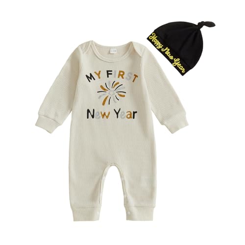 Bagilaanoe Infant Baby Boy First New Year Outfit Fireworks Printed Long Sleeve Romper Jumpsuit One Piece Clothes (White 0-3 Months)