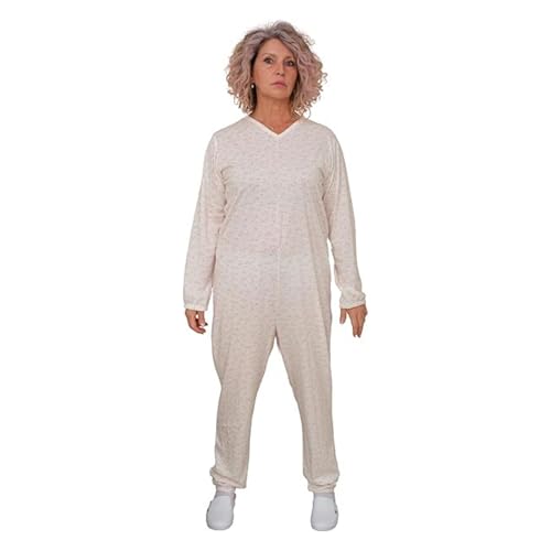 FERRUCCI COMFORT Monos de Mujer con Cremallera en la Espalda Pijamas 100% Algodón Manga Larga Cremallera Trasera Pijamas Sanitarios - 9012 - Para Alzheimer, Incontinencia, blanco, XS