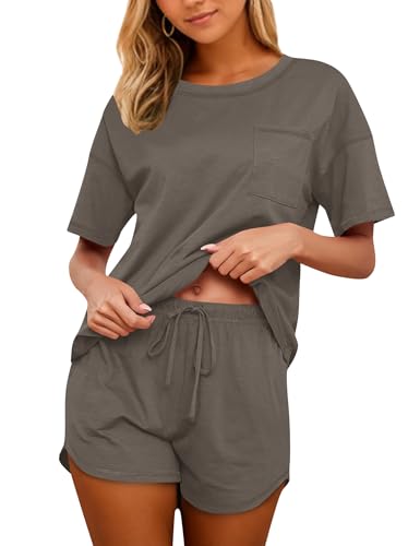 Image of KCW Pajamas for Women Set 2 Piece 100% Cotton Lounge Sets Short Sleeve Top and Shorts Pj Set Sleepwear Outfits